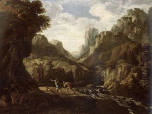 A Mountainous Landscape With Huntsmen And A Hound By A Torrent by Gaspard Dughet