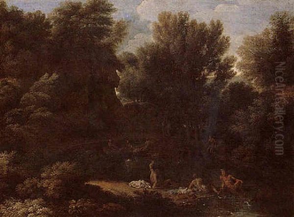A Wooded Landscape With Figures Boating On A Lake, Others Resting In The Foreground - view 1