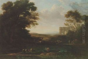 Figures And Cattle By A Pond, With Classical Ruins Beyond by Gaspard Dughet