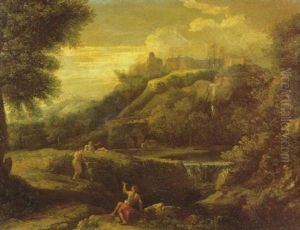 An Italianate Landscape With Classical Figures Resting Beside A Waterfall, A Hill Town And Mountains Beyond