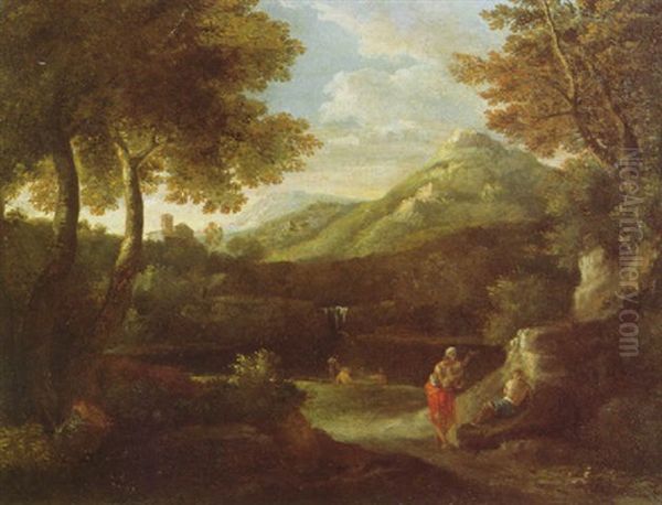 An Italianate Landscape With Classical Figures Beside A Lake, A Waterfall And Mountains Beyond - view 1