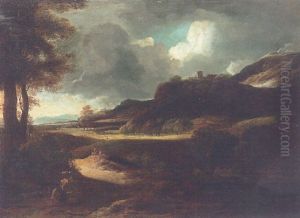 An Open Landscape After A Storm, With Travellers On A Path, A Hill Top Town Beyond