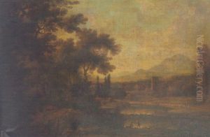 Italianate River Landscape With Fishermen, Mountains On The Horizon by Gaspard Dughet