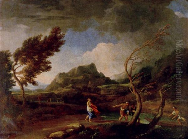 A Stormy Italianate Landscape With Figures By A River, A Town Beyond - view 1