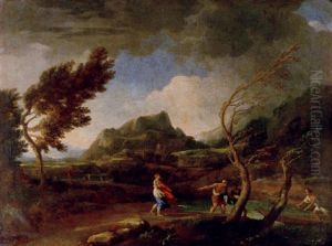 A Stormy Italianate Landscape With Figures By A River, A Town Beyond A Stormy Italianate Landscape With Figures By A River, A Town Beyond