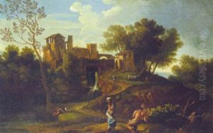 An Italianate Landscape With Figures On A River Bank, A Hilltop Village Beyond