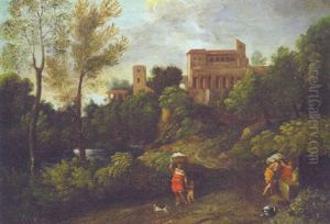 A Classical Landscape With Washerwomen On A Path, A Villa Beyond by Gaspard Dughet