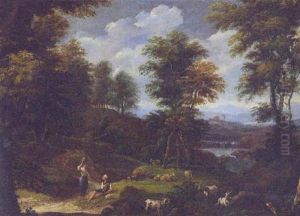 An Italianate River Landscape With A Herdsman Conversing With A Woman By A Path