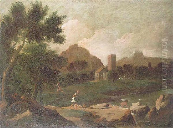 An Italianate Landscape With Shepherds Beside A River, A Castle And Mountains Beyond - view 1