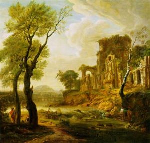 Figures Amongst Ruins By A River With A Bridge Beyond by Gaspard Dughet