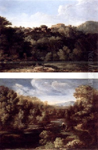 A Mountainous Landscape With Shepherds Tending Sheep, A Hilltop Town Beyond - view 1