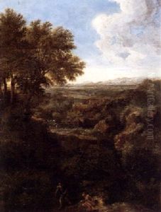 An Italianate Landscape With Figures Resting On A Hill Overlooking A Town by Gaspard Dughet