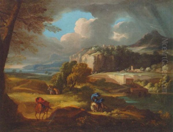 An Extensive Italianate Landscape With Travellers In A Storm - view 1