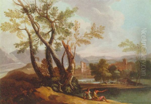 An Italianate Landscape With Figures Conversing By A Lake - view 1