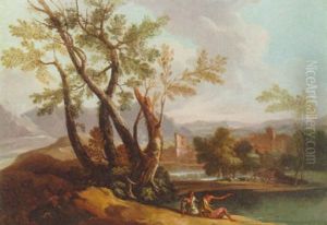 An Italianate Landscape With Figures Conversing By A Lake by Gaspard Dughet