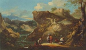 An Italianate Landscape With Fishermen And Washerwomen At A Pool by Gaspard Dughet