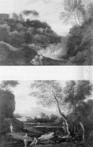 A View Of The Italian Campagna With Figures Discoursing On A Path, A Villa Beyond by Gaspard Dughet