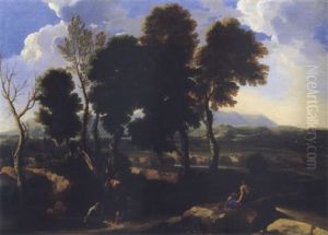 Landscape With Figures Resting, One Accompanied By A Dog Drinking From A Pool by Gaspard Dughet