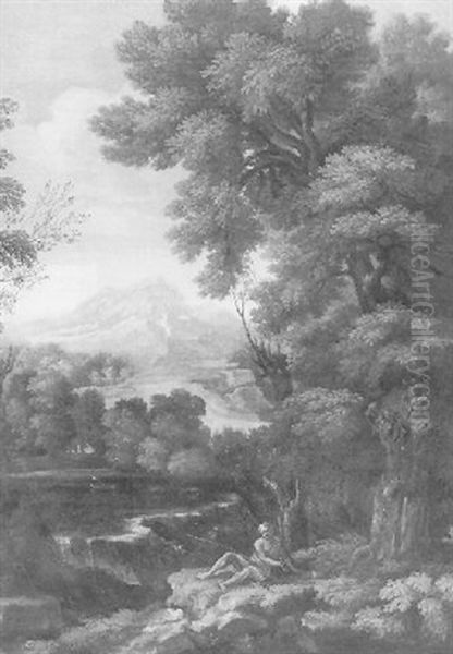 A Classical Youth Reclining In A Wooded Italianate Landscape With A Waterfall And Mountains Beyond - view 1