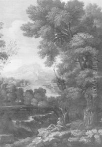 A Classical Youth Reclining In A Wooded Italianate Landscape With A Waterfall And Mountains Beyond by Gaspard Dughet