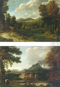 An Extensive River Landscape With Figures Travelling Along A Path by Gaspard Dughet