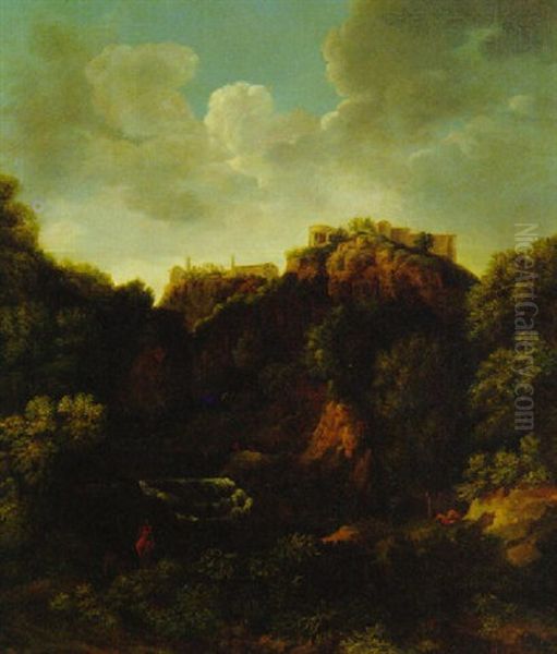 A Classical Landscape With Figures Before A Waterfall, A Hilltop Villa Beyond - view 1