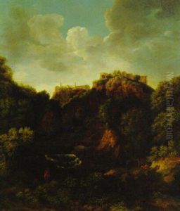 A Classical Landscape With Figures Before A Waterfall, A Hilltop Villa Beyond by Gaspard Dughet