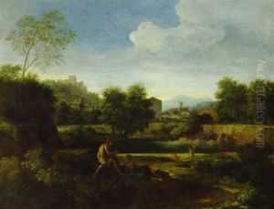 An Italianate Landscape With Figures By A Pool by Gaspard Dughet