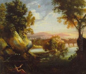 An Extensive River Landscape At Dawn, A River God On A Bank, With Aurora by Gaspard Dughet