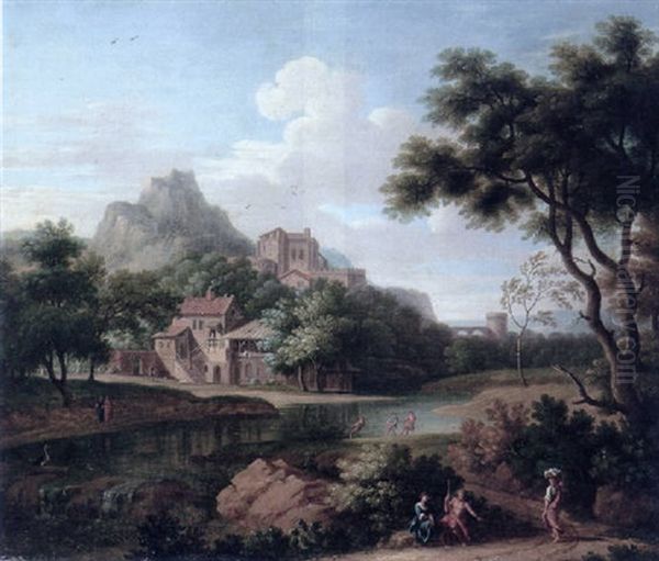 Figures On A Path In An Italianate River Landscape With A Citadel And Village Beyond - view 1