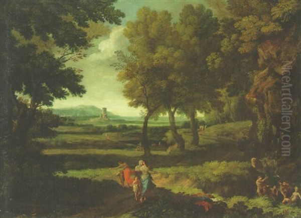 An Extensive Italianate Landsape With Bathers With A Group Of Women And Children In The Foreground - view 1