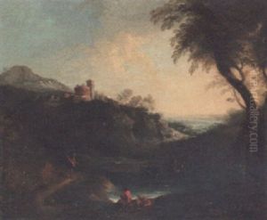 A Rocky Landscape With Peasants By A Pool by Gaspard Dughet