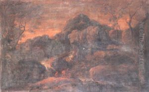 Two Figures Conversing In A Rocky Landscape by Gaspard Dughet