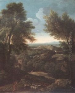 An  Italianate River Landscape With A Goatherd
