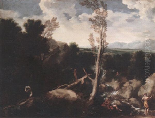 Rocky Wooded Landscape With Figures By A Torrent - view 1