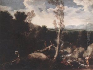 Rocky Wooded Landscape With Figures By A Torrent