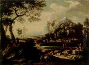 A Classical Landscape With A Traveller And A Pack-horse On A Track, Figures Around A Lake Beyond