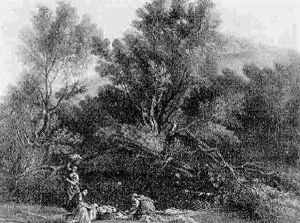 Wooded River Landscape With Women Washing Laundry