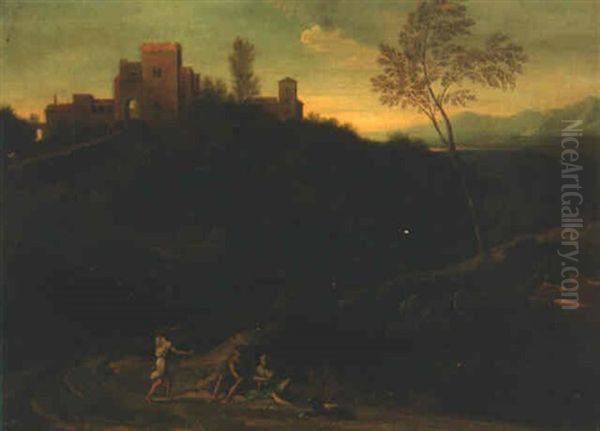 A Classical Italianate Landscape With Figures On A Track, A Hilltop Town Beyond - view 1