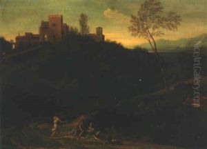 A Classical Italianate Landscape With Figures On A Track, A Hilltop Town Beyond by Gaspard Dughet