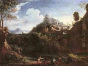An Italianate Landscape With Figures, A Hill Town Above A Waterfall And The Sea Beyond by Gaspard Dughet