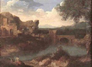 An Italianate Landscape With Figures Resting Beside A River, Roman Ruins, A Bridge, Coastline And Mountains