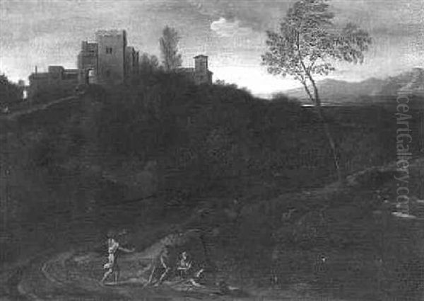 An Extensive Landscape With Travellers Resting By The Road Below A Fortified Town - view 1