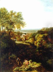 A Mountainous River Landscape With Travellers On A Path, A Town Beyond by Gaspard Dughet