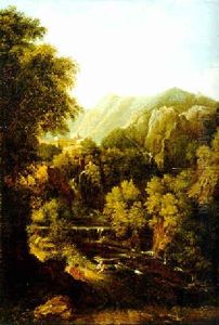 A Mountainous River Landscape With Travellers Resting Near A Waterfall
