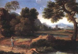A Classical Landscape With A Figure On A Path And Another Kneeling At The Edge Of A River by Gaspard Dughet