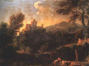 A Classical Italianate Landscape With Three Figures On A Path, A Citadel Beyond by Gaspard Dughet