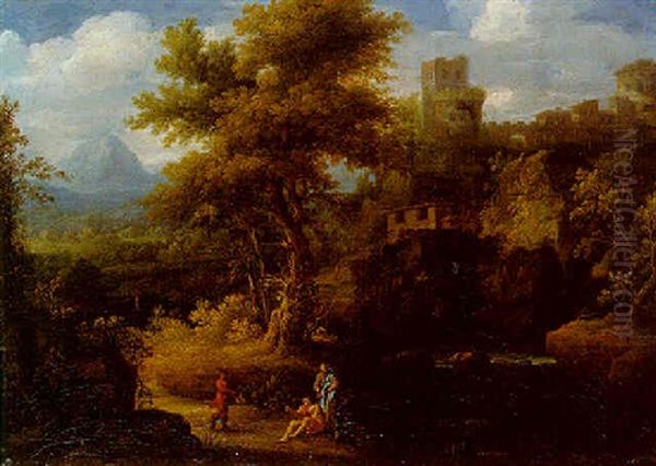 An Italianate Landscape With Figures Resting By A Torrent Near A Castle - view 1
