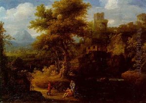 An Italianate Landscape With Figures Resting By A Torrent Near A Castle