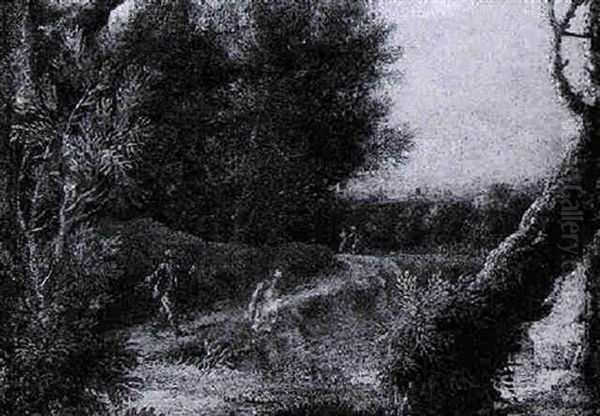 A Classical Italianate Landscape With A Figure Bathing At The Edge Of A Pool - view 1